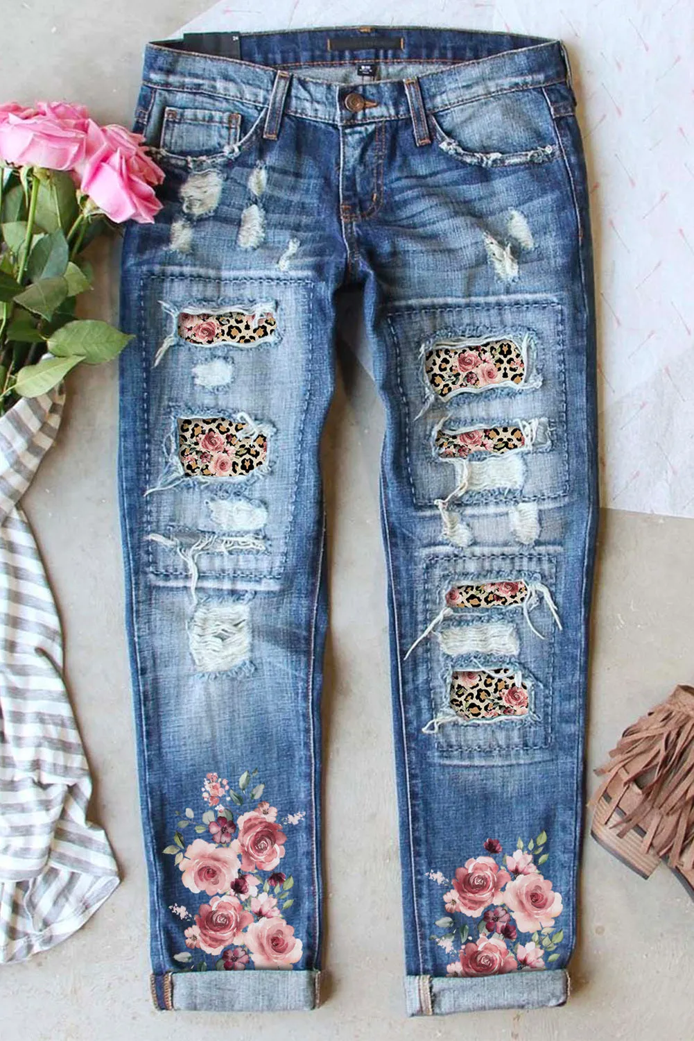 Womens Boyfriend Jeans Floral Leopard Slim Fit Distressed Pants