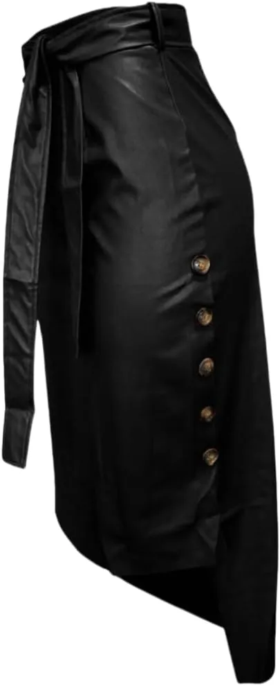 Womens High Waisted Faux Leather Pencil Skirt Side Button Side Slit with Belt