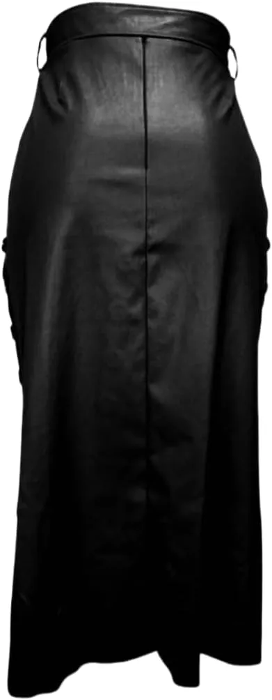Womens High Waisted Faux Leather Pencil Skirt Side Button Side Slit with Belt