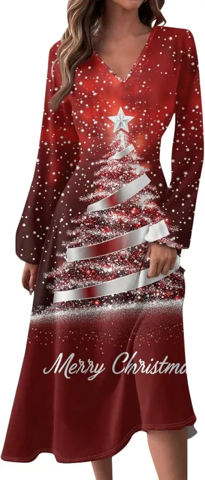 Women's Long Sleeve Dressy Dresses Casual V-Neck Fashion Midi Winter Christmas Printed Trendy Swing Dress
