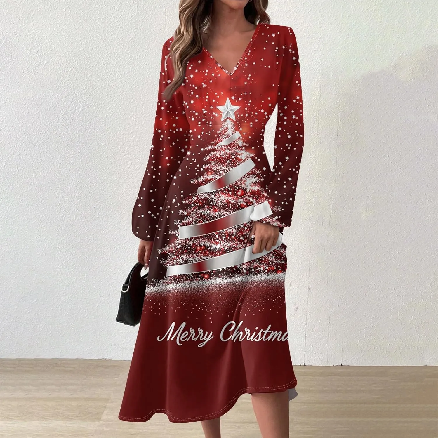 Women's Long Sleeve Dressy Dresses Casual V-Neck Fashion Midi Winter Christmas Printed Trendy Swing Dress