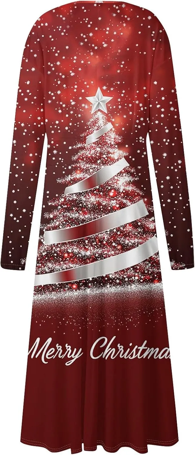 Women's Long Sleeve Dressy Dresses Casual V-Neck Fashion Midi Winter Christmas Printed Trendy Swing Dress