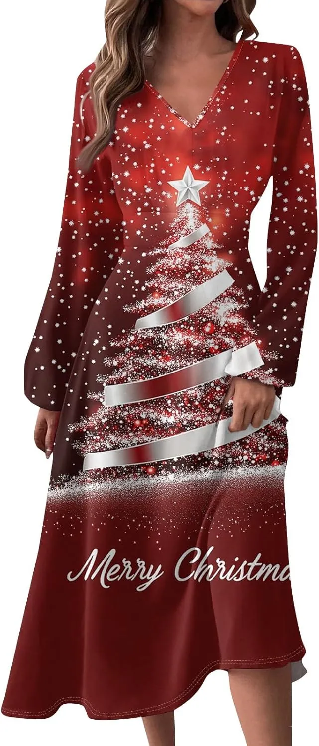 Women's Long Sleeve Dressy Dresses Casual V-Neck Fashion Midi Winter Christmas Printed Trendy Swing Dress