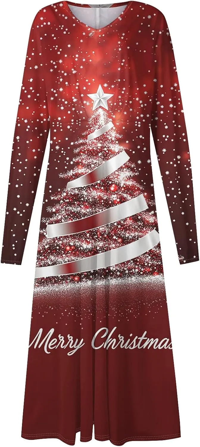 Women's Long Sleeve Dressy Dresses Casual V-Neck Fashion Midi Winter Christmas Printed Trendy Swing Dress