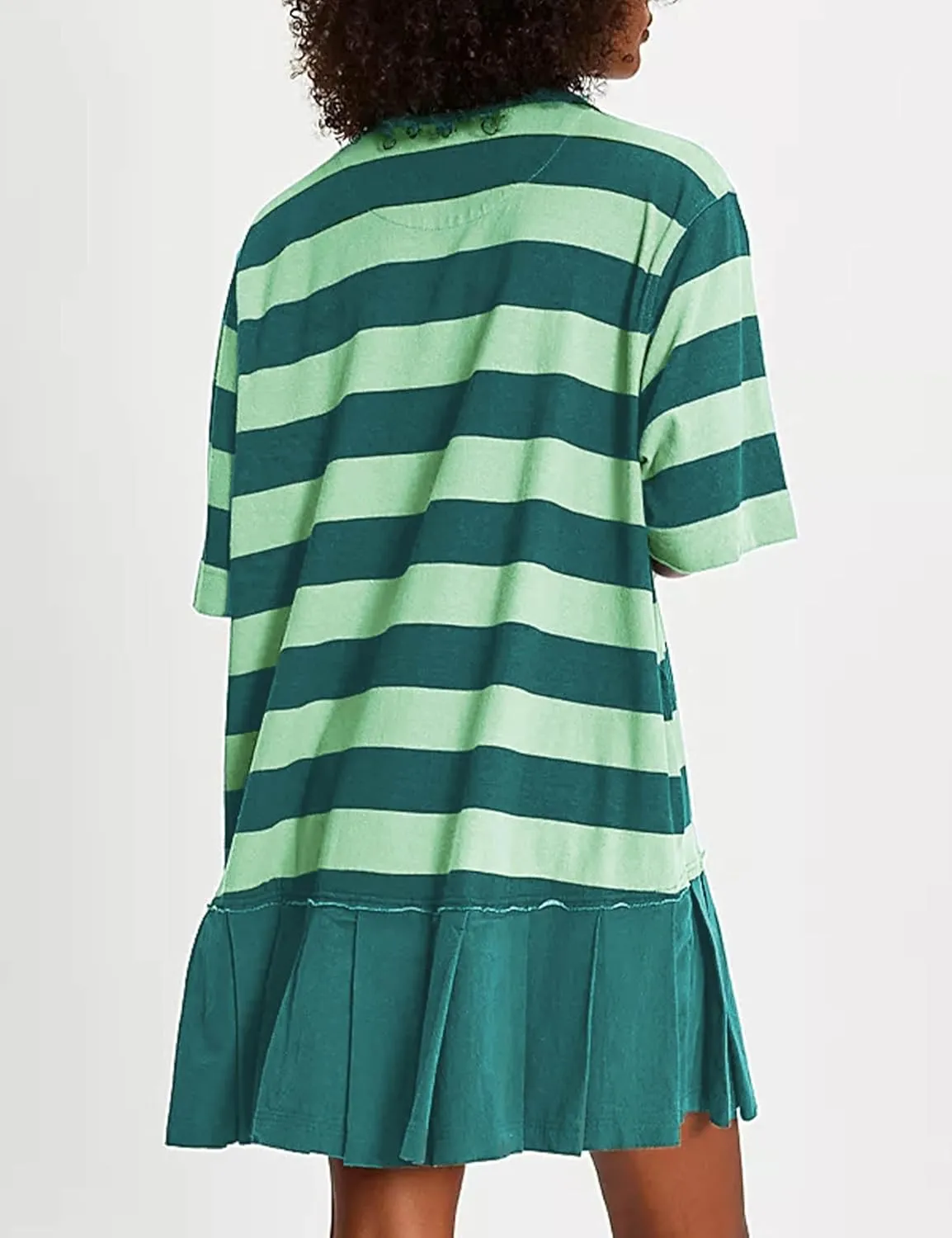 Womens Striped Shirt Dress Short Sleeve Pleated Color Block Sweatshirt Lapel Button Down Mini Dresses