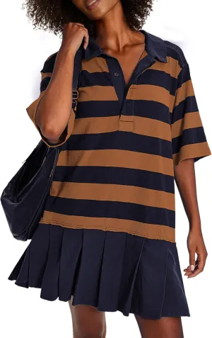 Womens Striped Shirt Dress Short Sleeve Pleated Color Block Sweatshirt Lapel Button Down Mini Dresses