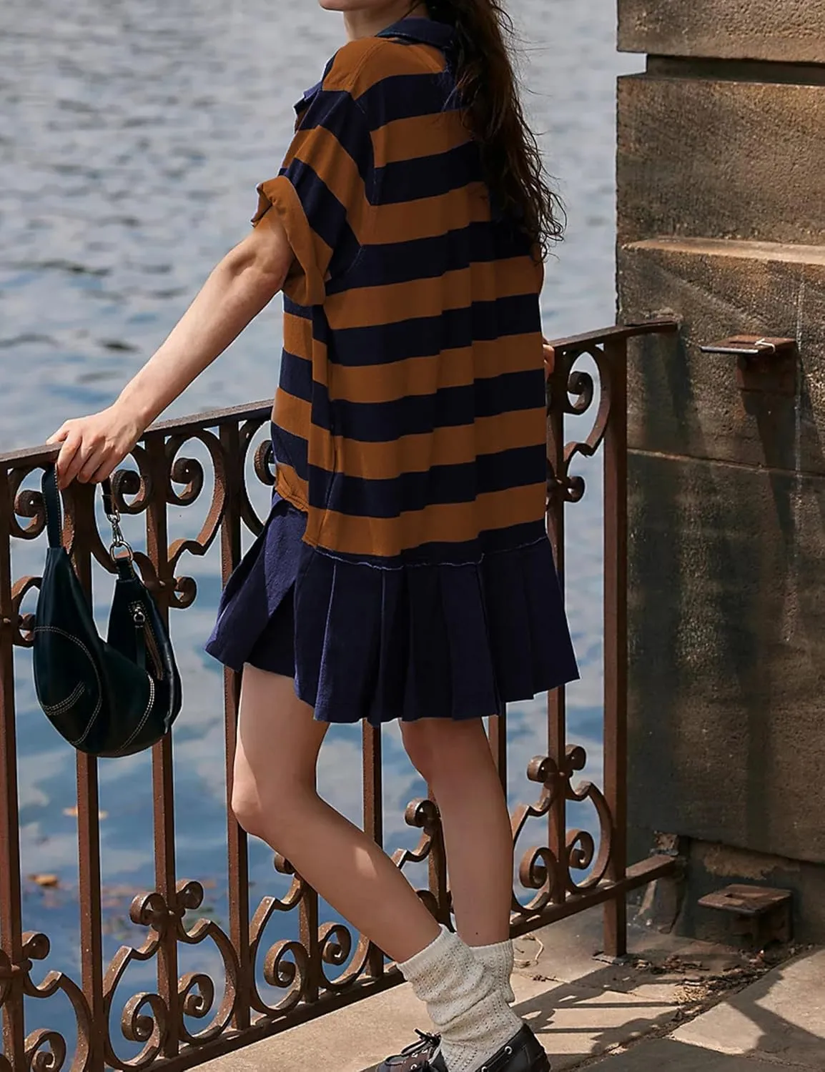 Womens Striped Shirt Dress Short Sleeve Pleated Color Block Sweatshirt Lapel Button Down Mini Dresses