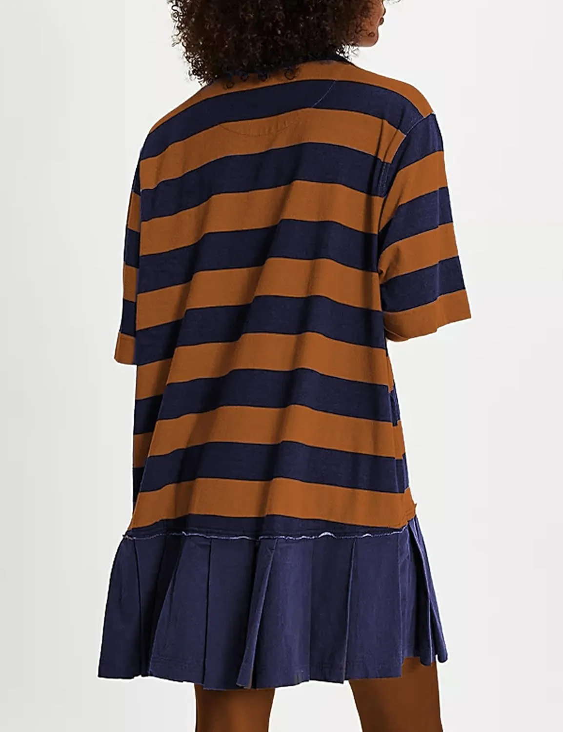 Womens Striped Shirt Dress Short Sleeve Pleated Color Block Sweatshirt Lapel Button Down Mini Dresses