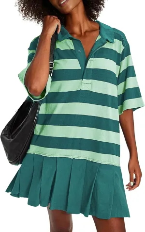 Womens Striped Shirt Dress Short Sleeve Pleated Color Block Sweatshirt Lapel Button Down Mini Dresses