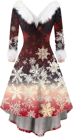 Womens V-Neck Party Dress Christmas Printed 2024 Long Sleeve Sexy Plush Holiday Winter Furry Collar Snowflake Dresses