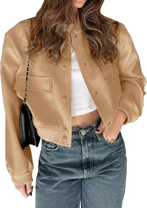 ZWRXW Womens Cropped Bomber Jacket Casual Long Sleeve Button Down Outwear Solid Baseball Varsity Jackets with Pockets