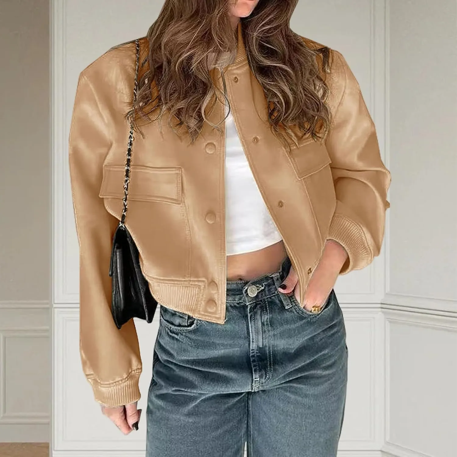 ZWRXW Womens Cropped Bomber Jacket Casual Long Sleeve Button Down Outwear Solid Baseball Varsity Jackets with Pockets