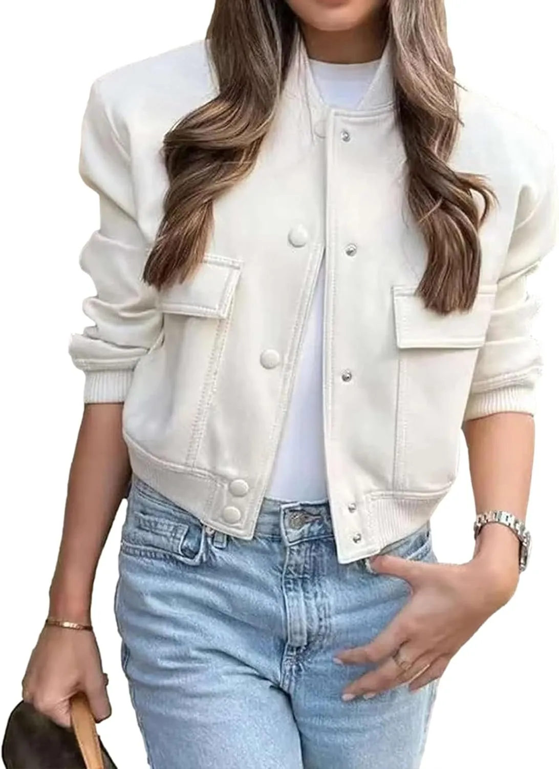 ZWRXW Womens Cropped Bomber Jacket Casual Long Sleeve Button Down Outwear Solid Baseball Varsity Jackets with Pockets