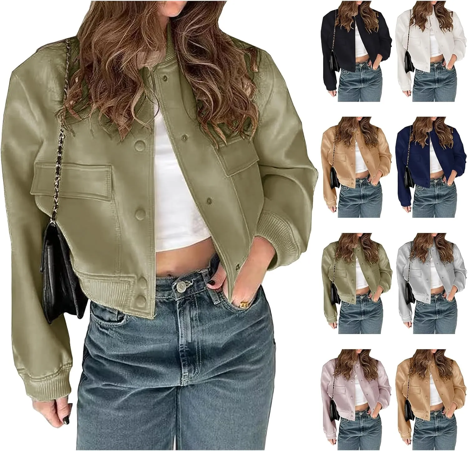 ZWRXW Womens Cropped Bomber Jacket Casual Long Sleeve Button Down Outwear Solid Baseball Varsity Jackets with Pockets