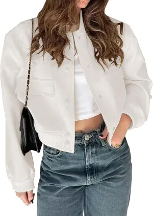 ZWRXW Womens Cropped Bomber Jacket Casual Long Sleeve Button Down Outwear Solid Baseball Varsity Jackets with Pockets