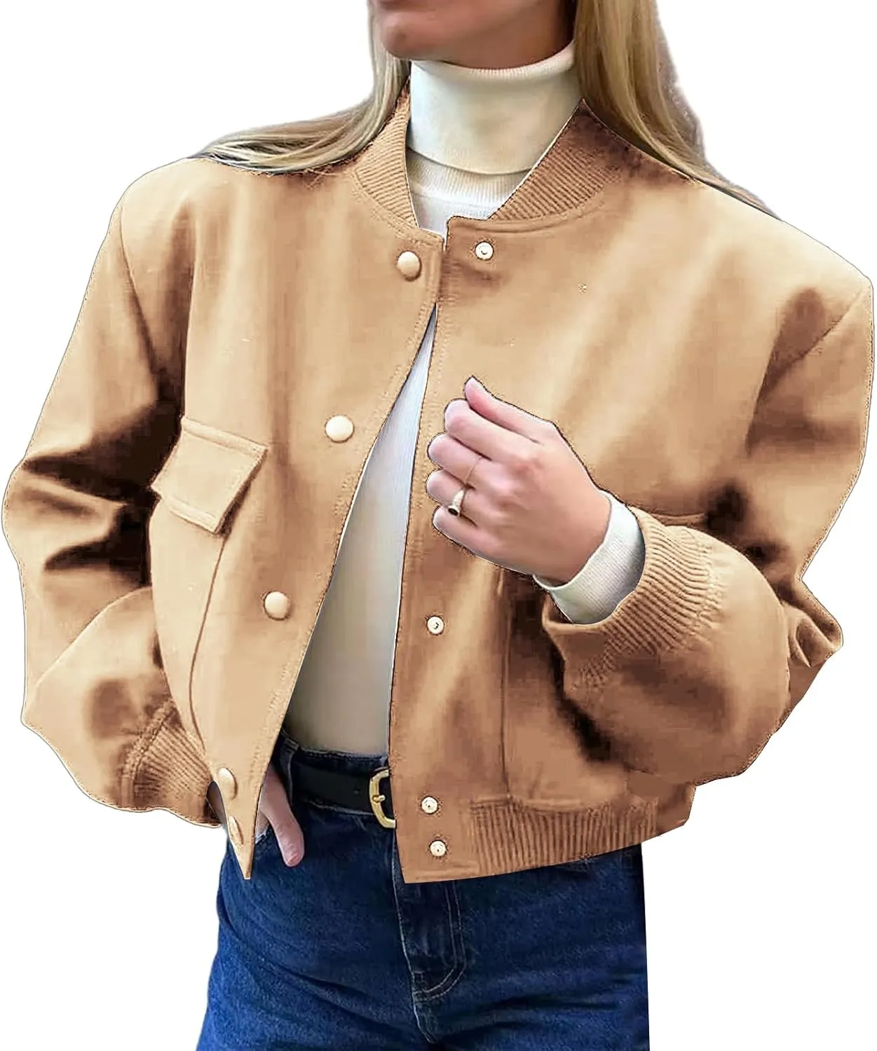 ZWRXW Womens Cropped Bomber Jacket Casual Long Sleeve Button Down Outwear Solid Baseball Varsity Jackets with Pockets